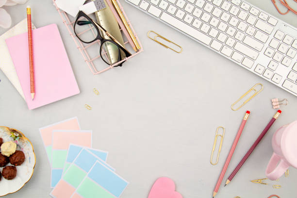 istock Keyboard and office supply top view. Communication network concept. Online education, Technology background. Online business, home office, information blog concept. Top view. 1202583330