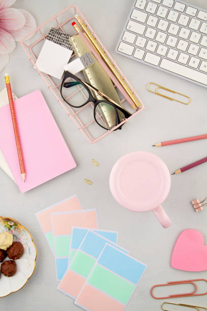 istock Keyboard and office supply top view. Communication network concept. Online education, Technology background. Online business, home office, information blog concept. Top view. 1202583339