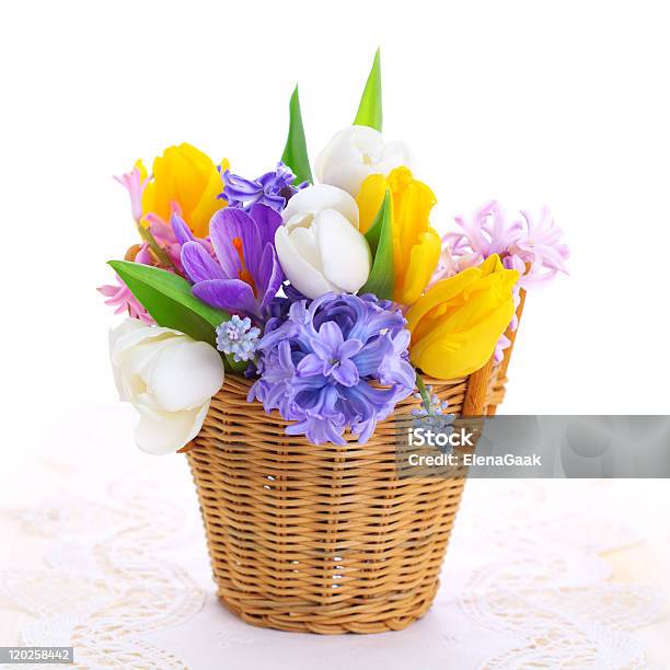 Bouquet Of Spring Flowers In Basket Isolated On White Background Stock Photo - Download Image Now