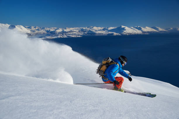 Downhill skiing by the Lyngen fjord, Norway. Skier spraying powder snow with the fjord and the snow covered mountains in the background. extreme dedication stock pictures, royalty-free photos & images