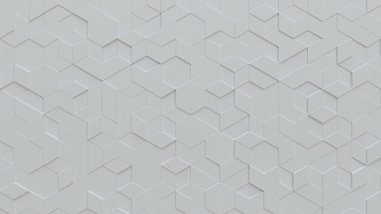 White abstract background with techie hexagon and triangle shaped tiles, technology concept, 3D rendering, 3d illustration