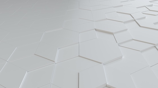 White abstract background with techie hexagon and triangle shaped tiles, technology concept, 3D rendering, 3d illustration