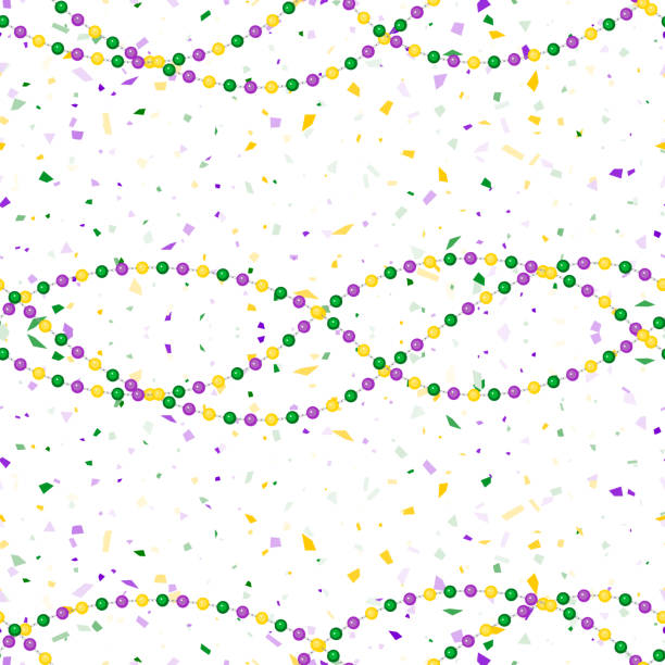 Seamless pattern beautiful beads, confetti Seamless pattern beautiful yellow, green, purple beads and confetti on white background. Mardi Gras Party. Venetian carnival mardi gras party. Great for horizontal posters, header for website. Vector mardi gras stock illustrations