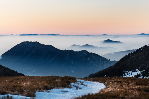 Beautiful sunset hour in a Slovakia mountains called Mala Fatra.  Carpathians Mountains in Slovakia - Europe. Concept of landscapes.