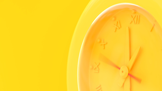 Yellow alarm clock was ringing at 12.59 and copy space for your text. Minimal idea concept, 3D Render.