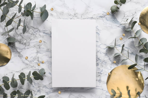 istock Beautiful abstract floral background. Flat lay, top view eucalyptus on marble background, flat lay on light textured stone table. Trendy background with gold foil circles and confetti. 1202594876