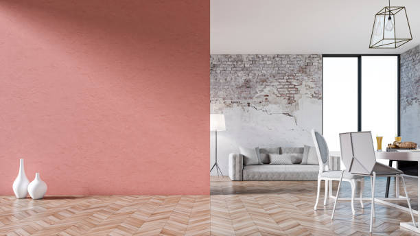 istock Empty living room with sofa, table and chairs - ruined wall 1202594880