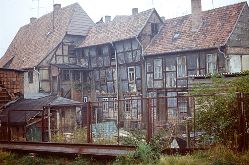Quedlinburg, Saxony Anhalt, Germany, 1978. Old medieval half-timbered houses in Quedlinburg.