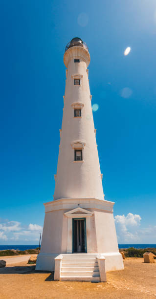 istock White Lighthouse in with lens flare 1202597063