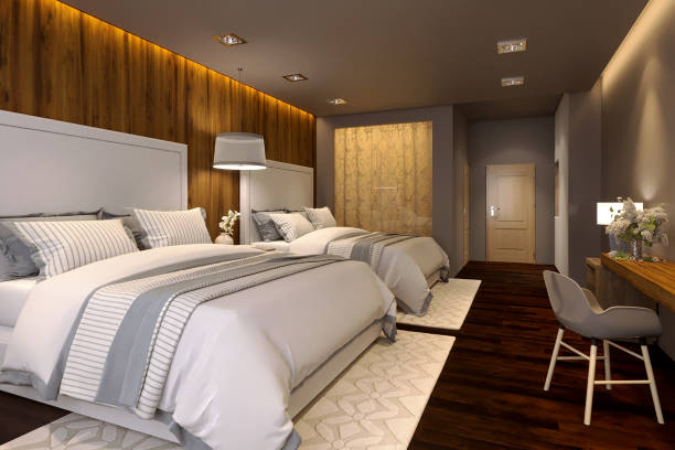 istock 3d render of luxury hotel room with double bed 1202597444