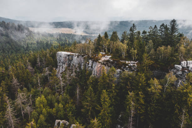 Aerial view of Puchacz Rocks, Sowie Skały (730 m a.s.l.) - sandstone rocks exposed by quarry mining works in the Central Sudetes in the Table Mountains.