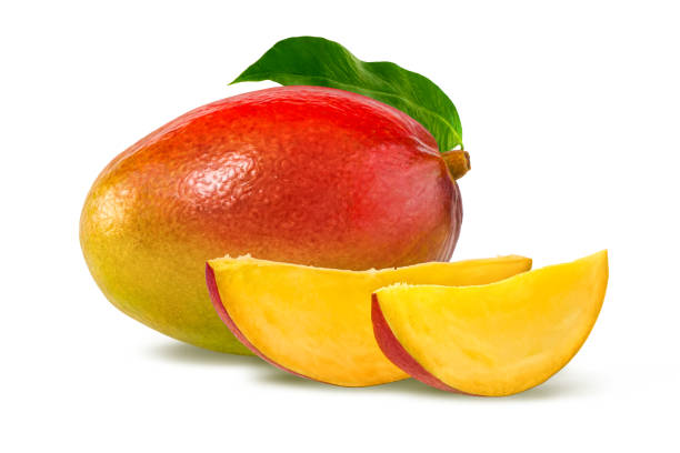istock Juicy mango isolated on white. Perfect ripe mango with slices close-up. 1202599501