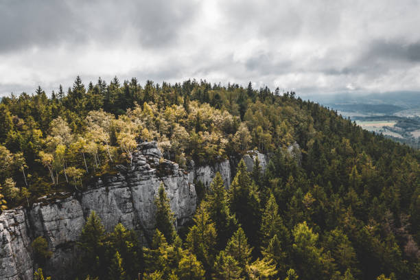Aerial view of rocky cliffs protruding from the forest, The Stołowe Mountains .