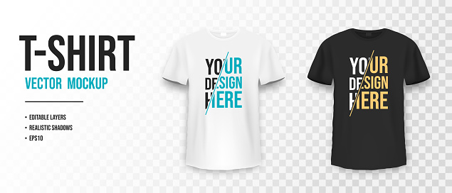 Black and white t-shirt mockup. Mockup of realistic shirt with short sleeves. Blank t-shirt template with empty space for design. Vector