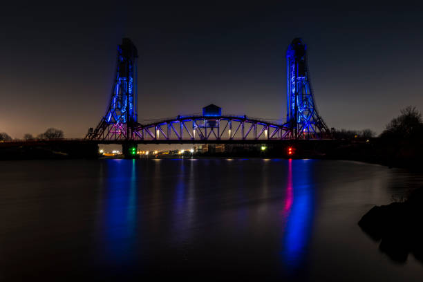 Newport Bridge at Night Lit during January with rainbow colours, Newport Bridge over the River Tees. middlesbrough stock pictures, royalty-free photos & images