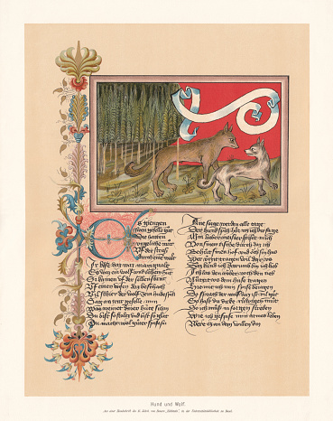 Dog and wolf - a fable from The Jewel (Der Edelsten, ca. 1349), a fable collection by Ulrich Boner (Bernese Dominican monk, ca. 1280 - ?). Facsimile (chromolithograph) after a medieval parchment in the University Library Basel, Switzerland, published in 1897.