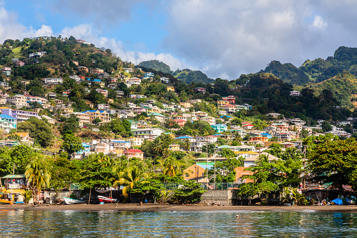 Coastline full of boats with lots of living houses on the hill, Kingstown, Saint Vincent and the Grenadines