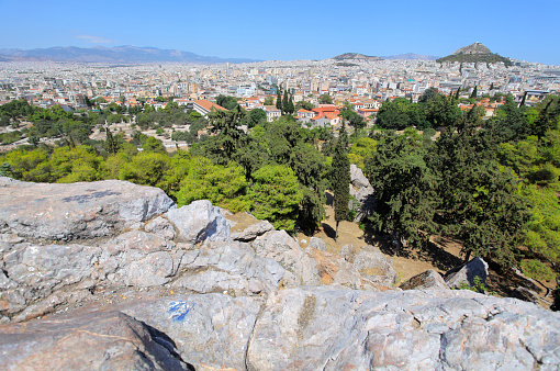 View on Athens from Acropolis hill with Mount Lycabettus on horizon line, Greece