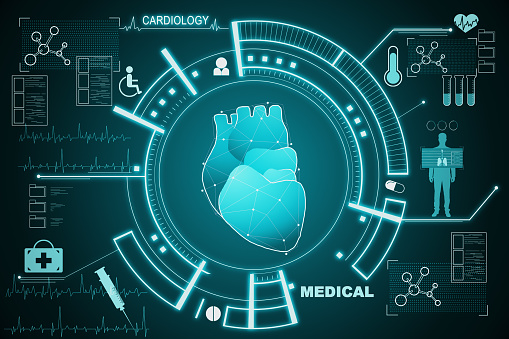 Cardiology and science concept. Creative glowing medical interface on blue background. 3D Rendering