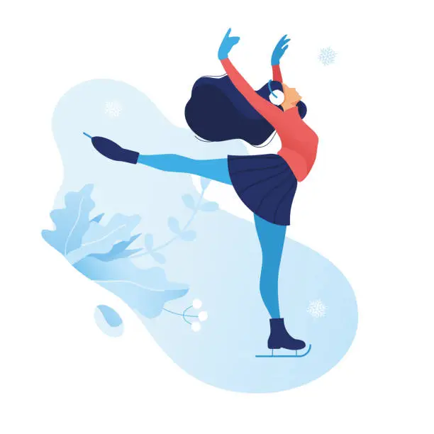 Vector illustration of Ice figure skating graceful girl in beautiful poses. frozen flowers background. Winter season card. Christmas holidays outdoor activities. flat sports illustration women silhouette on ice rink. Vector