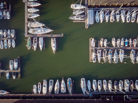 aerial view of sailing boats in a row in the marina of Scheveningen; The Hague, Netherlands