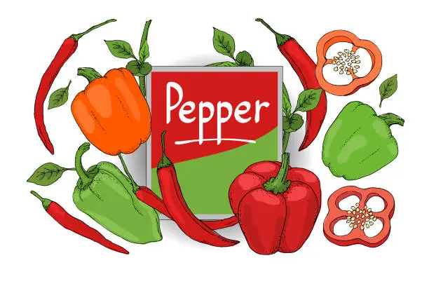 Vector illustration of Vector set with red, green, orange pepper.