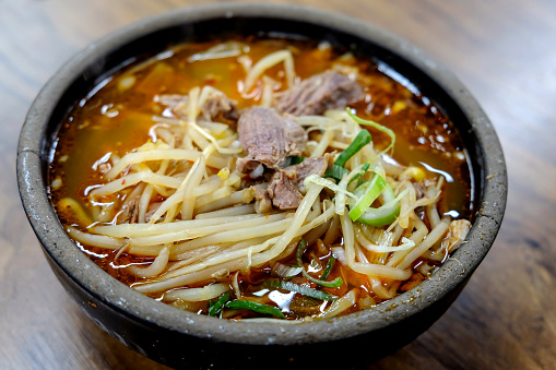 Close up shot of  Korean beef stew with rice & bean sprouts  (sogogi gukbap), traditional Haeundae meal