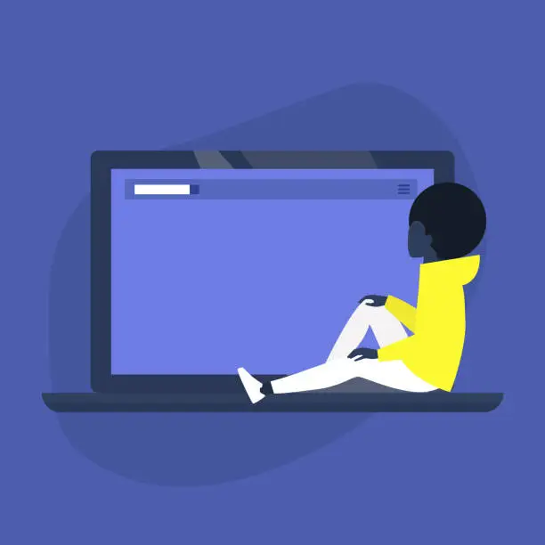 Vector illustration of Young black female character sitting on a laptop, copy space, design template