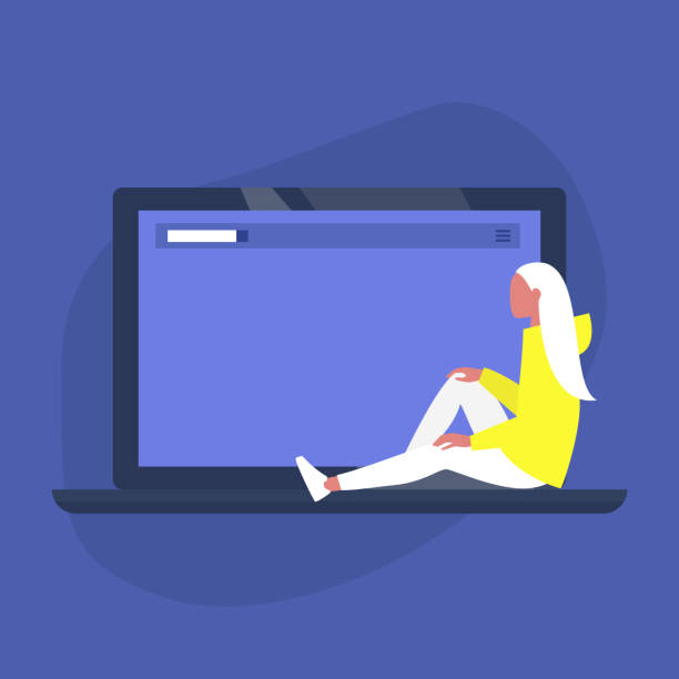 ilustrações de stock, clip art, desenhos animados e ícones de young female character sitting on a laptop, copy space, design template - wall profile