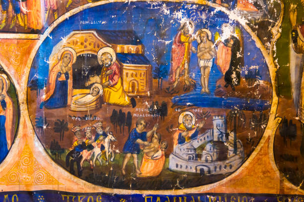 istock Fragments of bible scenes painted by a medieval icon painter. 1202612996
