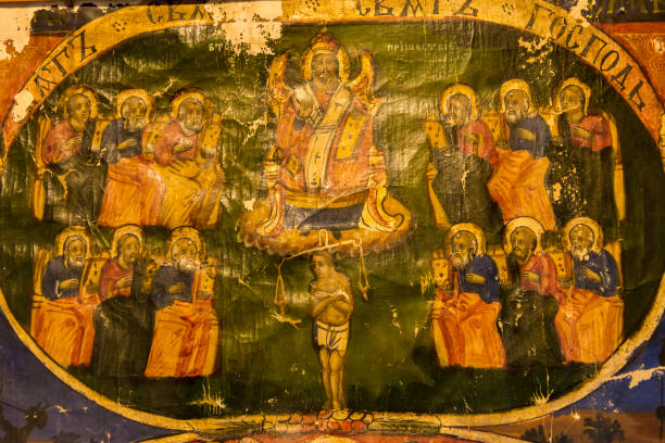 istock Fragments of bible scenes painted by a medieval icon painter. 1202612997