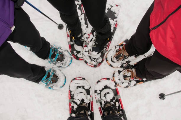 vier personen stehen in schneeschuhen - snowshoeing snowshoe women shoe stock-fotos und bilder