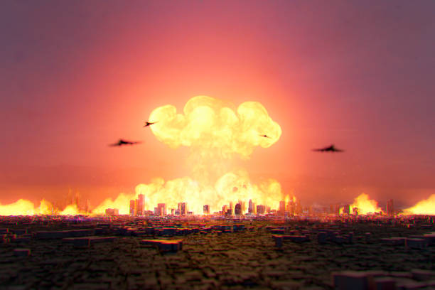 explosión de una bomba atómica sobre una ciudad - bomba atomica fotografías e imágenes de stock