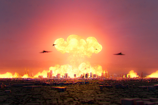 Exploding atomic bomb over a city. This is entirely 3D generated image with a small paint over in Photoshop.