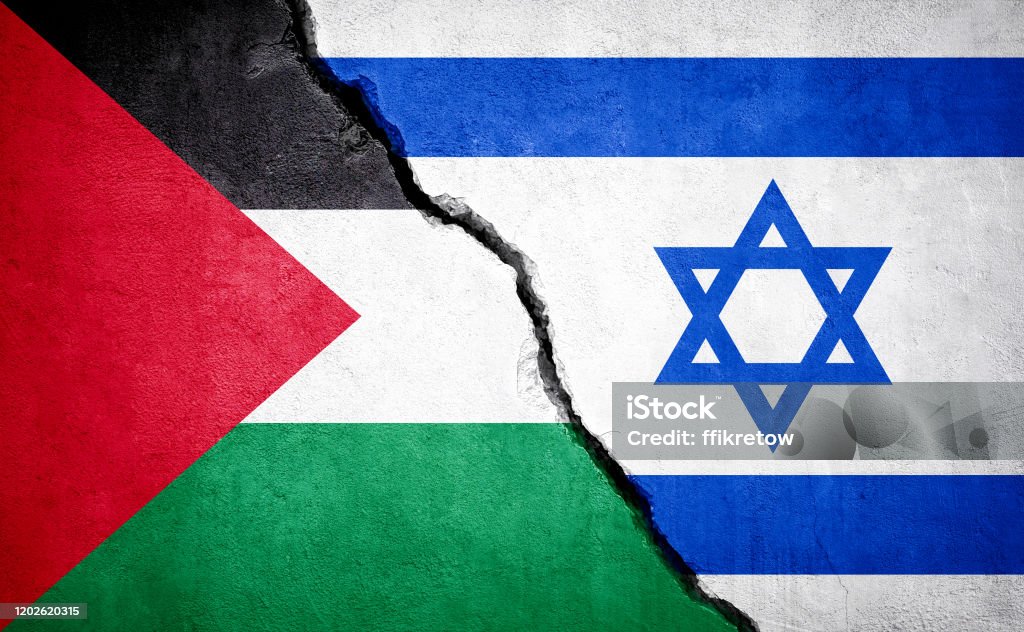Palestine and Israel conflict. Palestine and Israel conflict. Country flags on broken wall. Palestinian Stock Photo