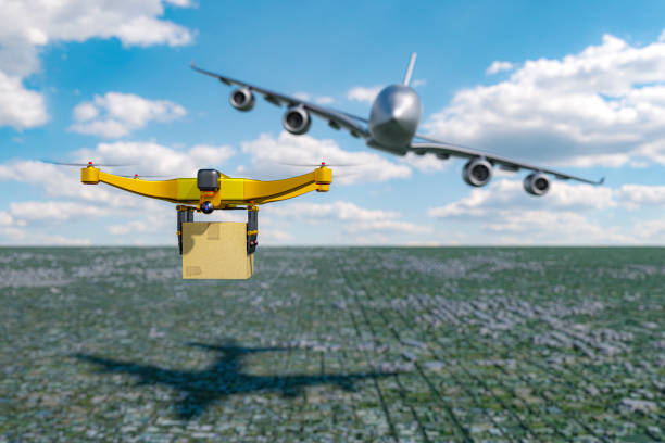 Dangers of drone package delivery. 3D generate image - drone design is generic and not based on any real model.