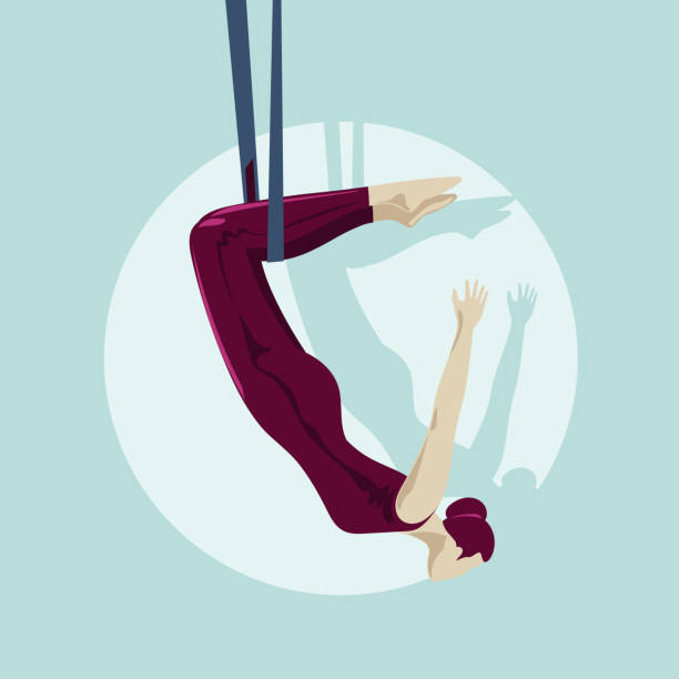 illustrazioni stock, clip art, cartoni animati e icone di tendenza di la ragazza pende sul trapezio a testa in giù - yoga class flash