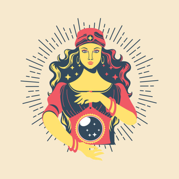 Vector illustration of fortune teller woman reading future on magical crystal ball Vector illustration of fortune teller woman reading future on magical crystal ball woman fortune telling stock illustrations