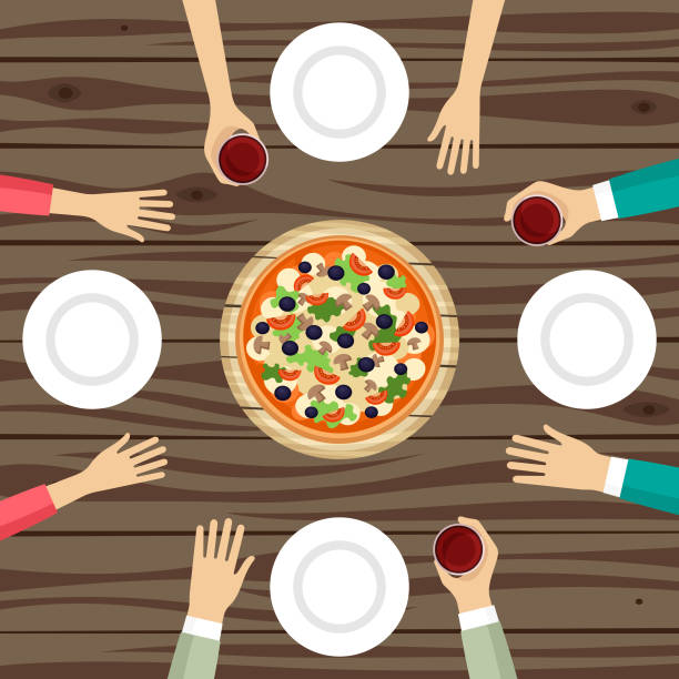 Pizza dinner top view vector illustration Group of people drinking wine and eating pizza vector illustration lunch clipart stock illustrations