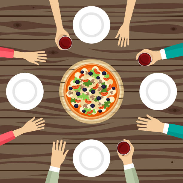 Pizza dinner top view vector illustration Group of people drinking wine and eating pizza vector illustration italian cafe clip art stock illustrations