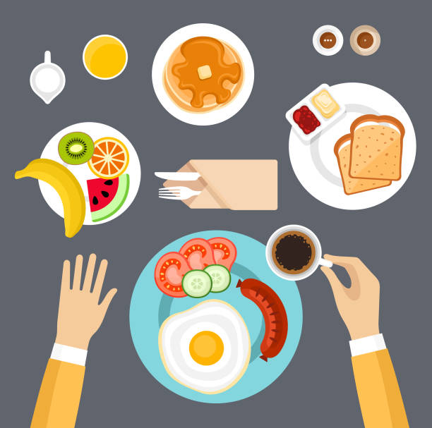 ilustraciones, imágenes clip art, dibujos animados e iconos de stock de ilustración vectorial del conjunto de desayunos - symbol food salad icon set