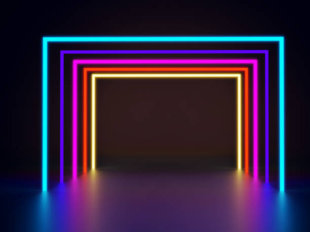 istock Futuristic Sci-Fi Neon Light Shapes in dark room With Empty Space For Text ,3D  Illustration 1202626771