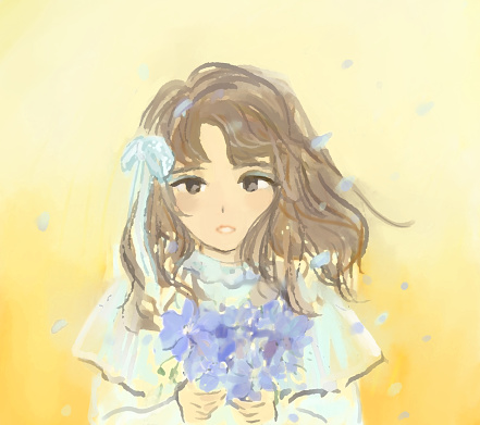girl illustrations with a blue flower.