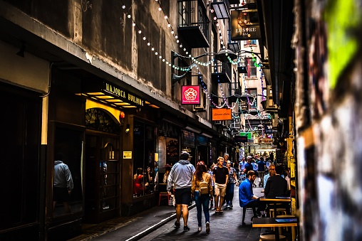 Melbourne, Victoria, Australia, December 21st 2019: Centre Place laneway in the city centre of Melbourne was multicoloured string lights installed for the Christmas season.