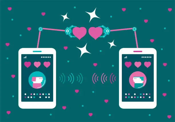 Vector illustration of Pair of connected smart phones with man and woman and robotic arm sending love heart to each other