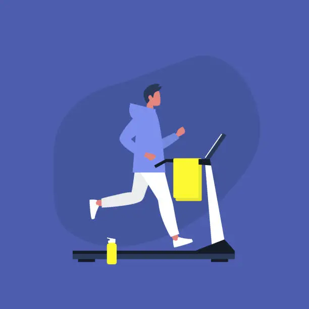 Vector illustration of Young male character running on a treadmill in the gym, Sport and Active lifestyle