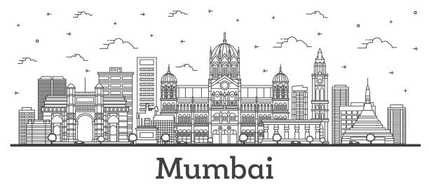 흰색에 고립 된 역사적인 건물뭄바이 인도 도시 스카이 라인을 개요. - mumbai stock illustrations