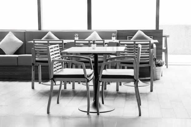 istock Simple table and chair set in a restaurant 1202641504
