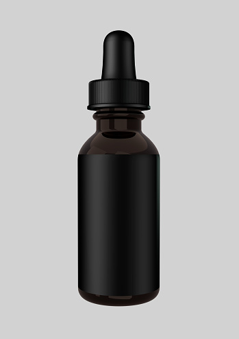 portrait 3d render of blank medicine tincture bottle with the lid on isolated on a light grey background