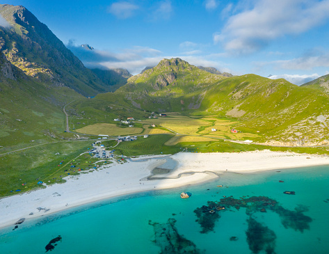 Aerial Panorama of the famous Haukland Beach on the beautiful Lofoten, Norway. Mountain Himmeltindan. Converted from RAW.
